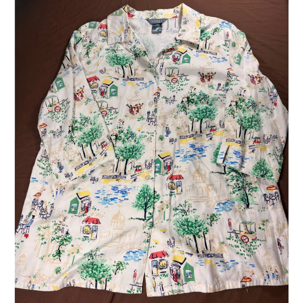 Women's Koret Woman White & Green Button Down Shirt 3/4 Sleeve 16W Boating